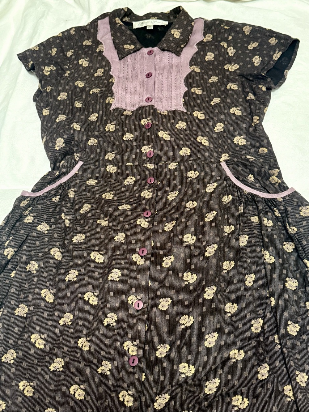 VTG 90s Hopeless Romantic Brown Floral Prairie Midi Dress M Pockets Button Front - Picture 15 of 16